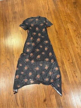 Black Floral Mesh Midi Dress with Rose Print